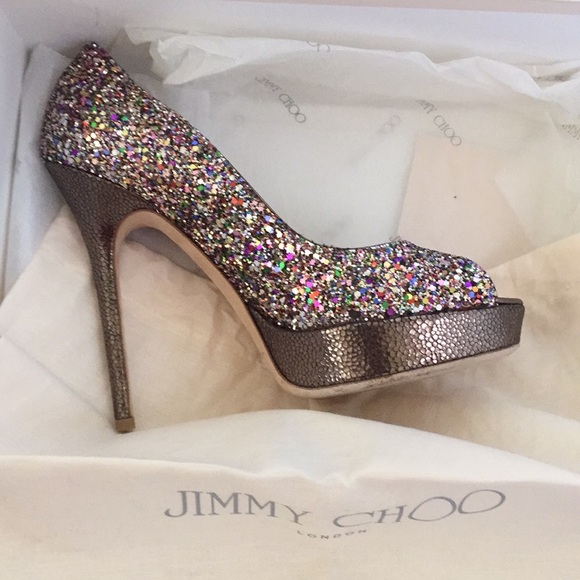 Jimmy Choo glitter,platform peep toe pumps.Classic - Picture 8 of 8